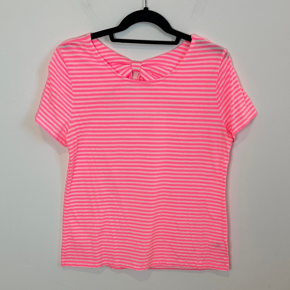 Talbots Neon Pink & White Striped Top w/bow and envelope cutout on back, Large